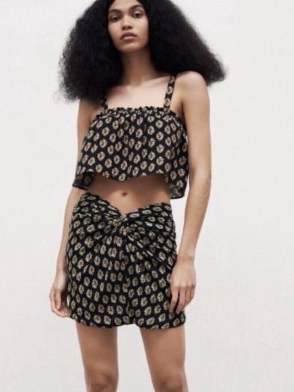 Zara Black Floral Print Mini Skirt and Crop Top Set with Gold and Brown Accents
